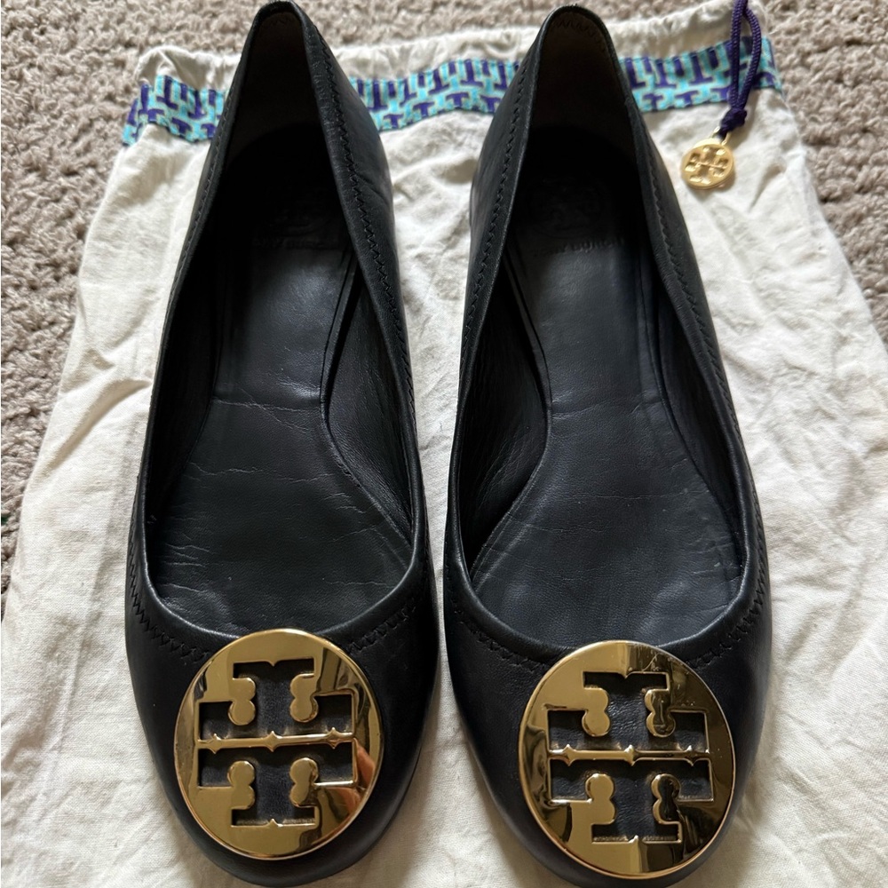 Tory Burch Black Flats with Gold Emblem